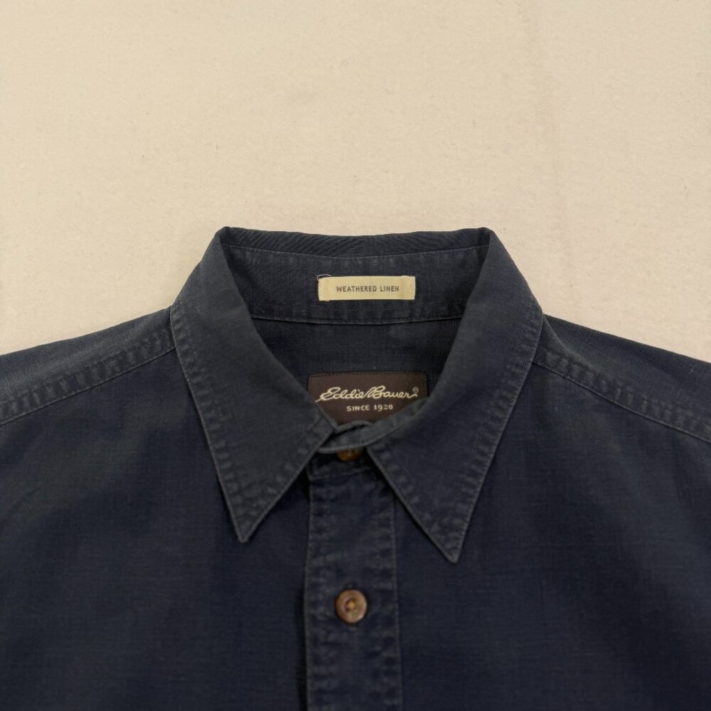 Eddie Bauer Men's Medium Blue Shirt Button Up Weathered Linen Vacation Solid